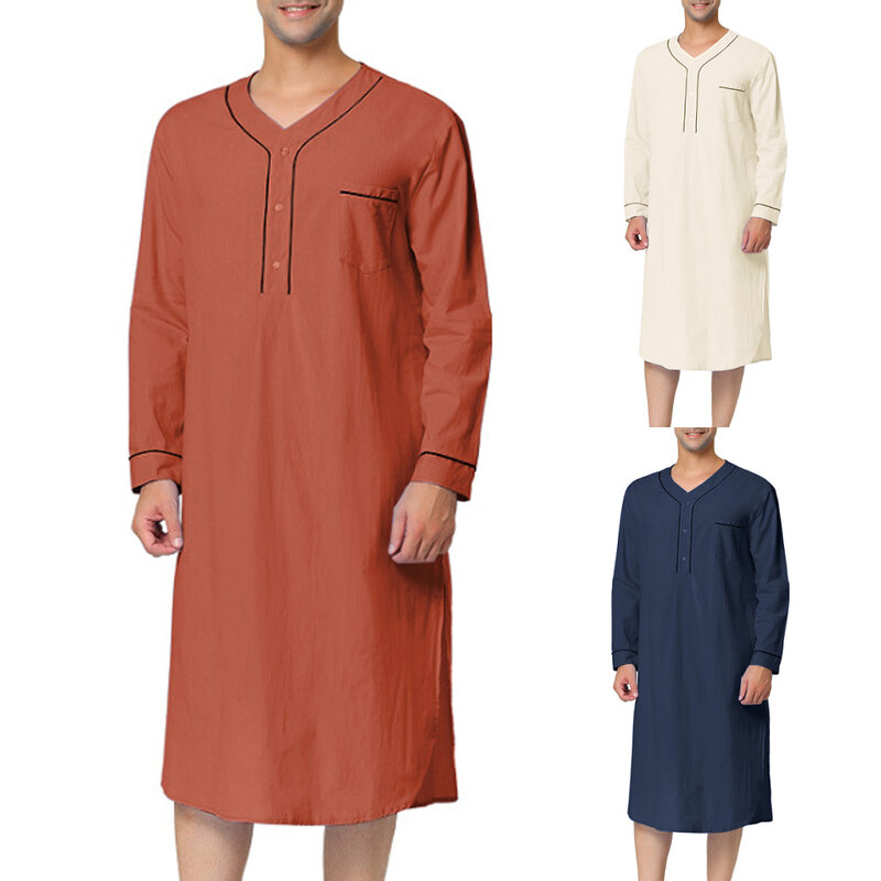 2023 Men's Long Sleeve V Neck Pajamas Fashion Loungewear Loose Solid Color Premium Pajamas Pajamas Ethnic Solid Color Robe