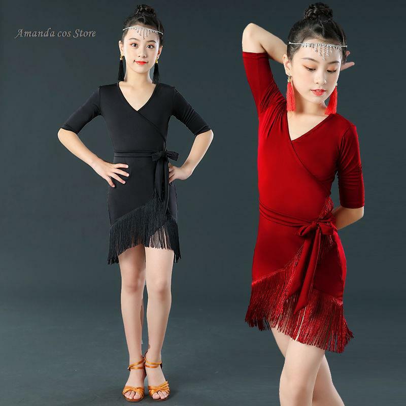 Latin Dance Dress For Girls Mid short Sleeve Lace Mesh Mordern Ballroom Dancing Dresses For Kids Sexy Salsa Tango Skirt Children