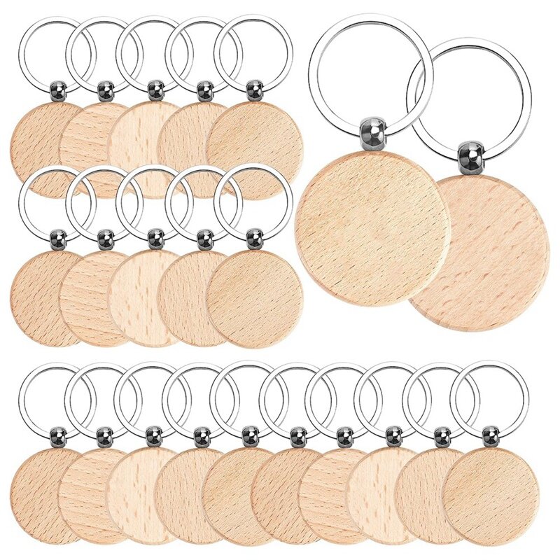 Unfinished Tag chave de madeira redonda, Keychain Blanks, Madeira Gravura Blanks, Chaveiro para artesanato DIY, 70pcs