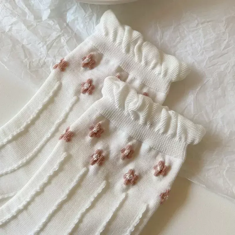 Calcetines de tubo medio con lazo de encaje Lolita para mujer, medias de algodón suave, transpirables, informales, color blanco y negro, estilo coreano JK, 3 pares