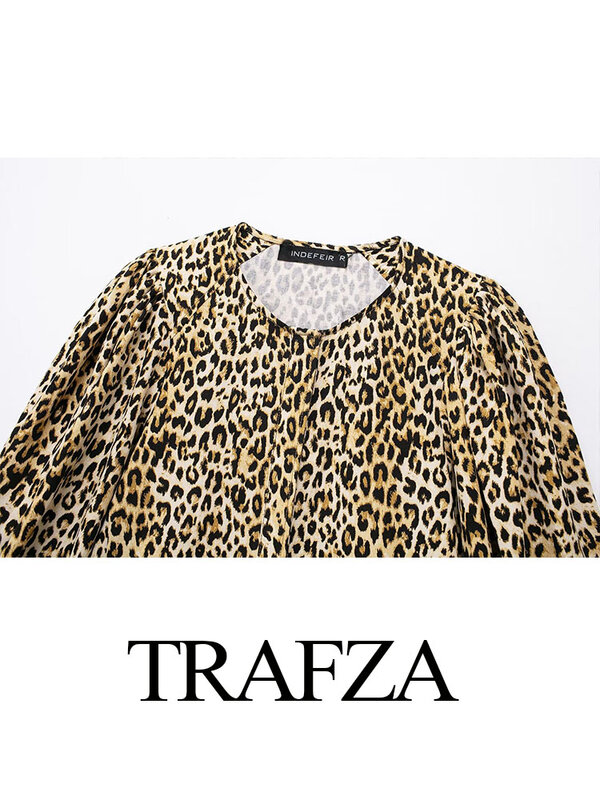 TRAFZA-قميص نسائي بقصة ثلاثة أرباع ، طباعة فهد عتيقة ، توب برقبة دائرية ، بلوزات فضفاضة غير رسمية أنيقة ، ملابس الشارع