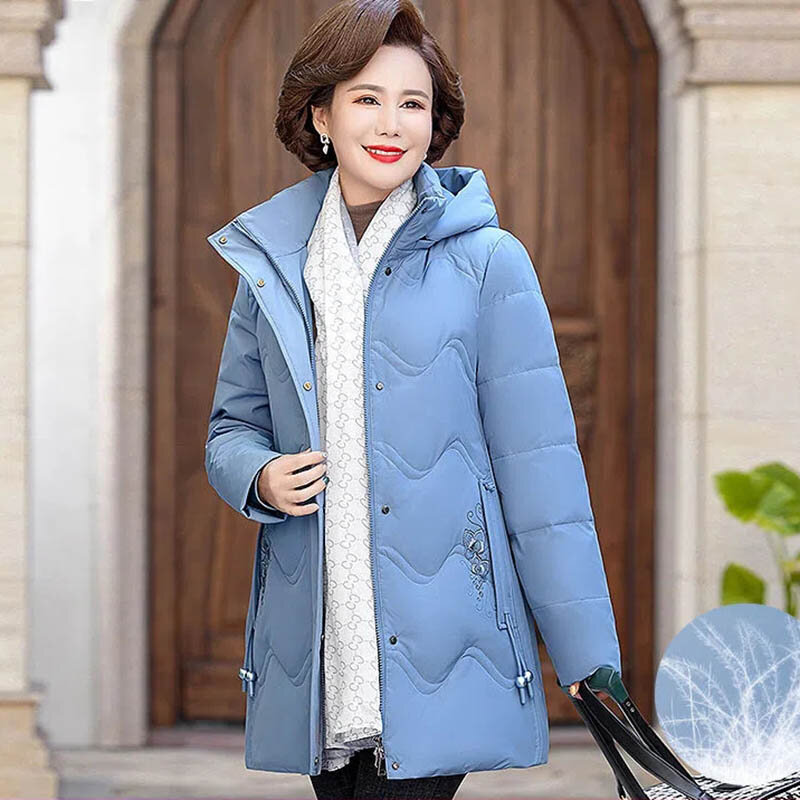 Casaco feminino com capuz de pato branco, casaco longo casual quente, moda feminina de meia-idade e velha, mãe, inverno, novo