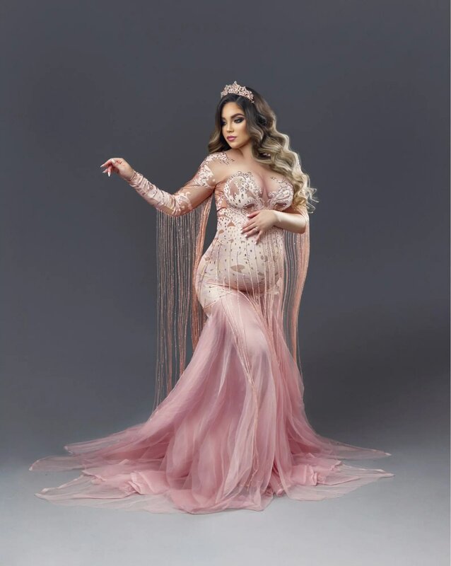 핑크 롱 원피스 프롬 우아한 인어 이브닝 드레스, 프린지 라인석 술 레이브 축제 의상, 드래그 퀸 코스튬