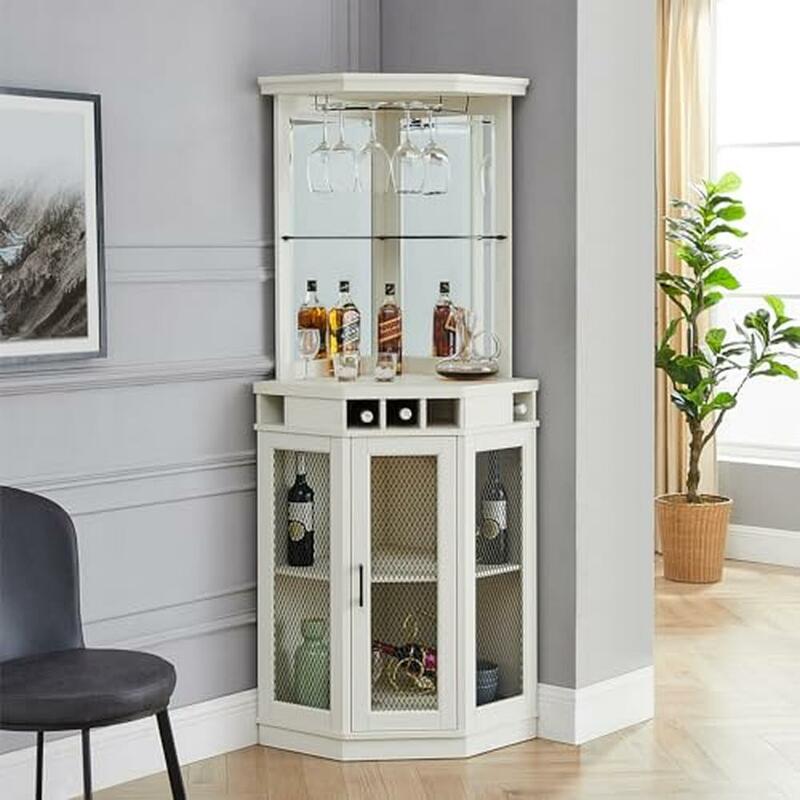 Witte Driehoekige Hoek Bar Unit Met Ingebouwde Wijnrek En Glaswerk Opslag 73 "Huismeubilair Drank En Drank Organizer