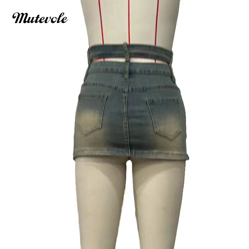 Mutevole Stretch Washed Denim Mini Skirt Women Sexy Cut Out Cross Bandage Button Jeans Skirts