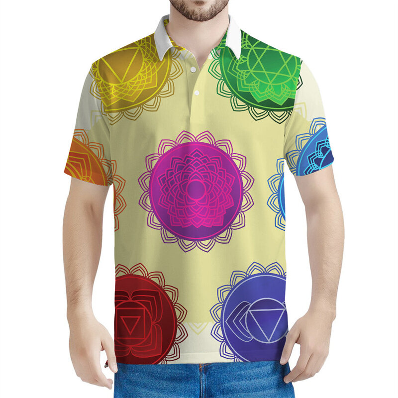 Kaus Polo motif 3D energi chakra warna-warni kaus berkancing longgar musim panas untuk pria pakaian Streetwear atasan kaus lengan pendek