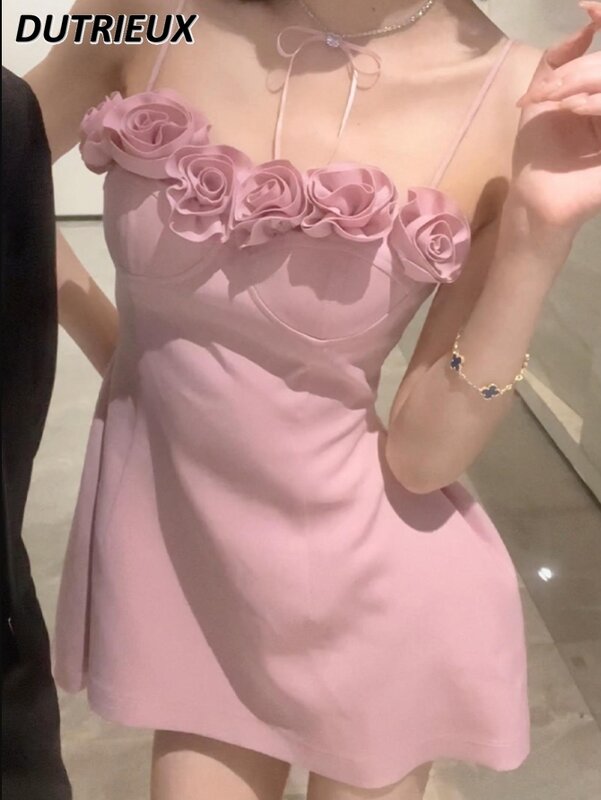 Женское платье на бретельках, розовое короткое платье с цветочным принтом во французском стиле