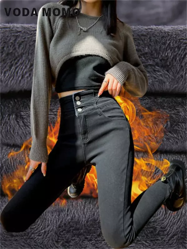 Простые флисовые теплые облегающие эластичные женские повседневные джинсовые брюки-карандаш зимние плотные бархатные женские джинсы узкие джинсы с высокой талией