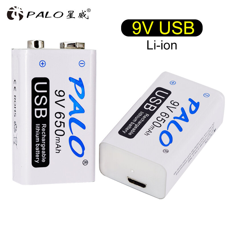 PALO Baterai Isi Ulang 9V 650MAh 6F22 USB Mikro 9V Baterai Lithium Li-ion untuk Mainan Mikrofon Multimeter Remote Control KTV