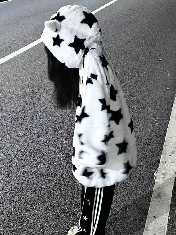 Deeptown-Veste à capuche en laine d'agneau étoile vintage pour femme, Streetwear coréen, Fermeture à glissière respirante, Combinaison d'optique mignonne, Harajuku, Kpop, Y2K