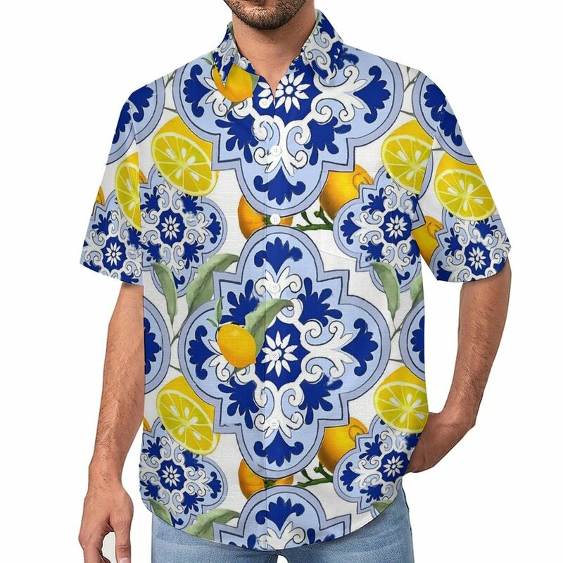 Camisa holgada Vintage con estampado de frutas para hombre, camisas informales de estilo siciliano para playa, diseño de verano, ropa de calle de manga corta, blusas de gran tamaño