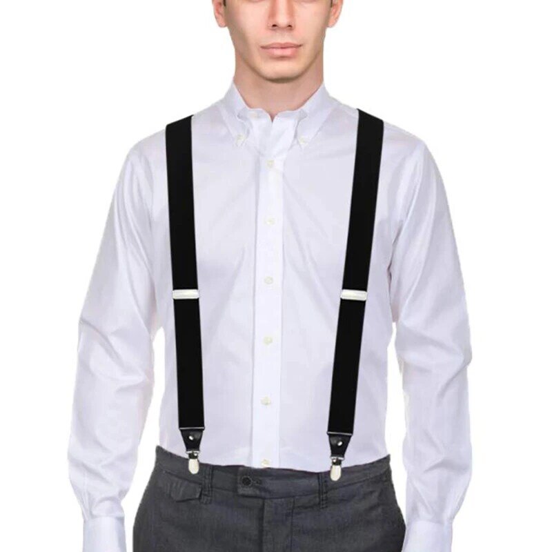 Tirantes de trabajo negros para hombre, camisa con 4 ganchos a presión, alta resistencia, gran altura, forma de X, 2,5 cm de ancho, pantalones elásticos ajustables