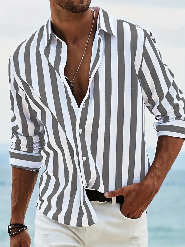 2024 Nowa wiosenno-jesienna męska koszula lniana z długim rękawem Klasyczna koszula męska w paski Męskie koszule towarzyskie Odzież wierzchnia