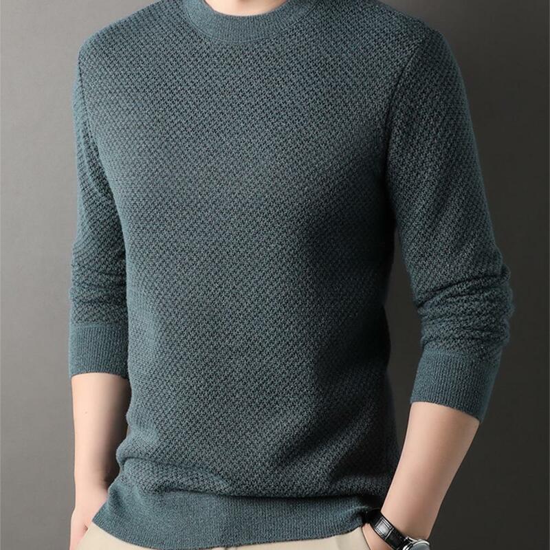 Suéter masculino monocromático com gola redonda, de meia idade, espesso, luxuoso, quente, pulôver para outono, inverno