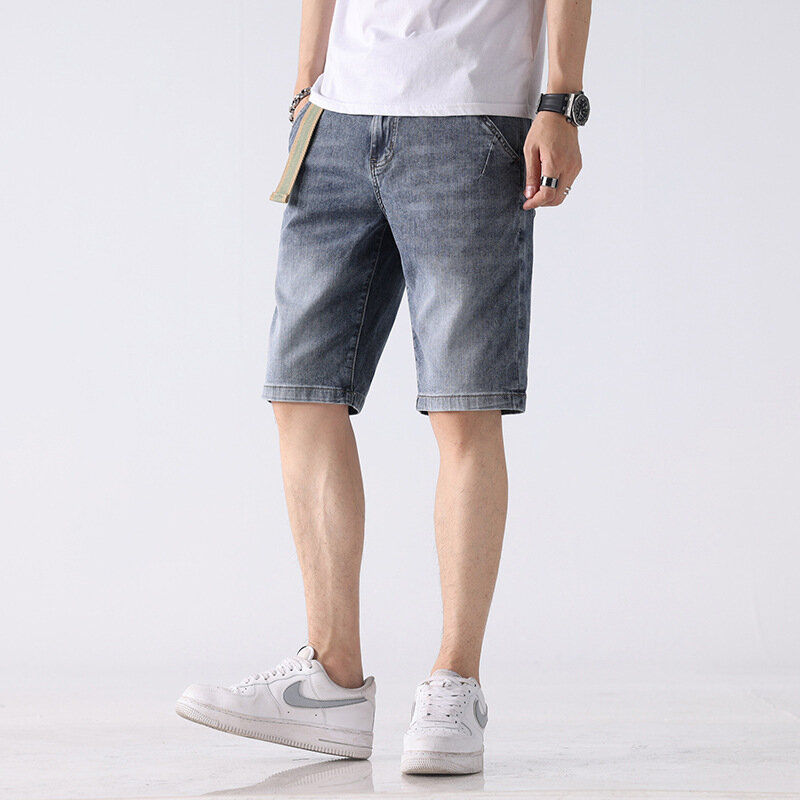 Shorts jeans bordados masculinos, calças finas soltas casuais cortadas, calças médias com estiramento lavado, moda suave de verão