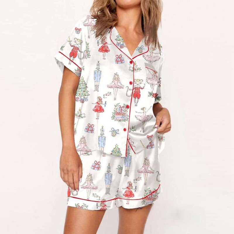 Women's 2 Piece Pajama Set Christmas Print Short Sleeve Button Down Shirt Tops + Elastic Waist Shorts Summer Home Lounge Outfits