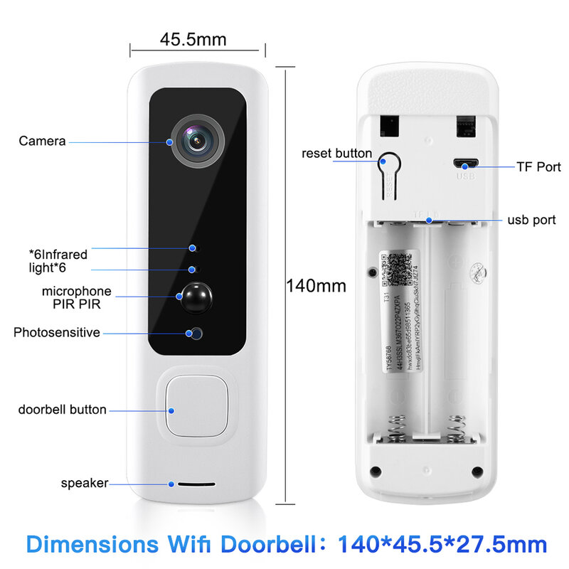 Дверной звонок с пассивным ИК-датчиком, Wi-Fi камера для умного дома, ночное видение, видеодомофон