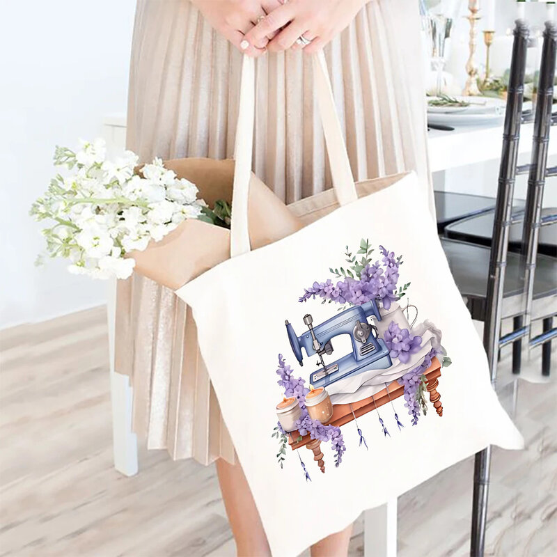 Mesin jahit & tas jinjing cetak pola lavender tas tangan kanvas penggemar jahit hadiah terbaik tas tangan portabilitas kapasitas besar