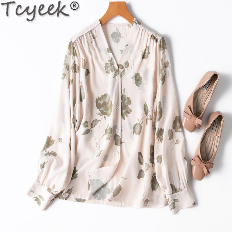 Tcyeek 100% Mulberry Real Silk Shirt Spring Summer Clothes Fashion Shirts for Women 2024 V-neck Elegant Top Female Long Sleeve