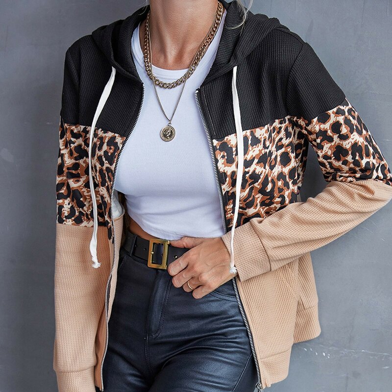 Vestes léopard à manches longues pour femmes, sweats à capuche décontractés, fermeture éclair optique, haut à capuche, manteau chaud, automne, hiver