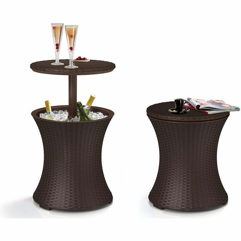 7.5 Gallon Cool Bar Table, Resin Outdoor Patio Beverage Cooler Table, Extra Storage, Rattan Look Brown