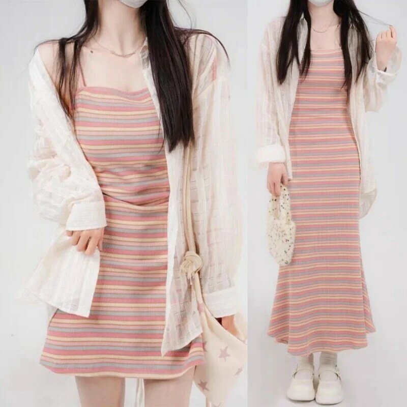 Large women's Pure Desire Wind Rainbow Stripe Wrapped Hip Sling Dress Long Short Sunscreen Shirt Set da due pezzi da donna per donna