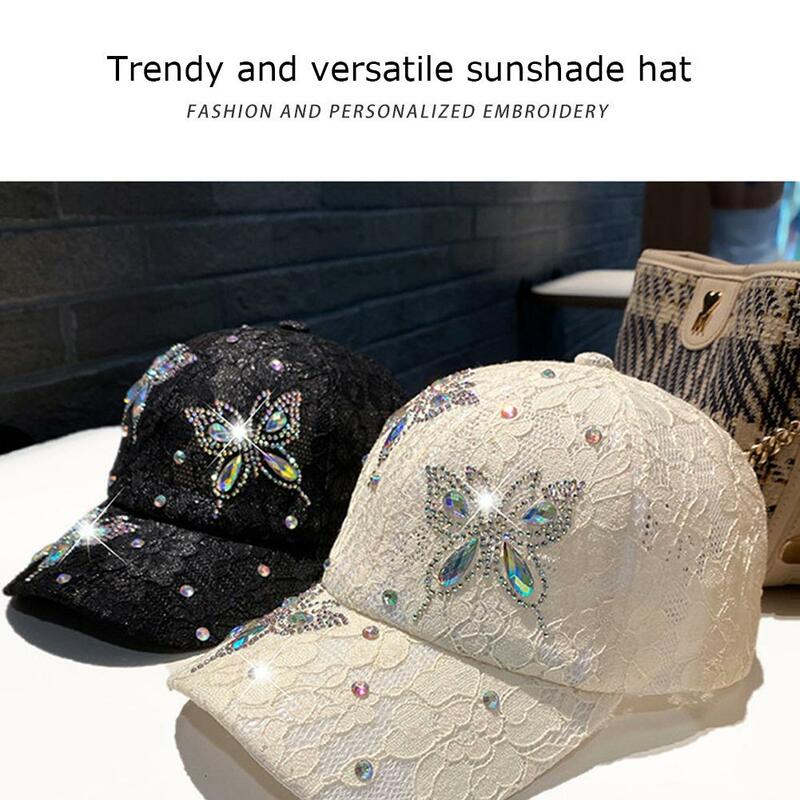 Topi bisbol renda bunga musim panas untuk wanita topi Snapback jaring bersirkulasi berlian imitasi kupu-kupu topi matahari mode G S3D0