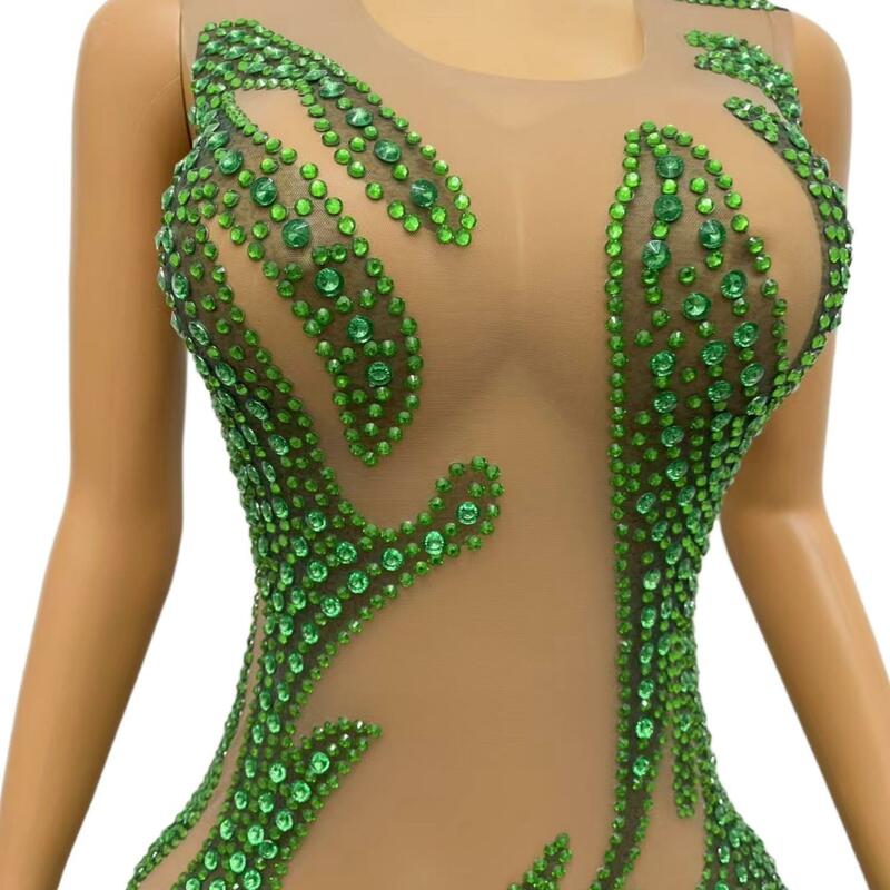 Shining Green Rhinestones Transparent Sleeveless Celebrate Dress 2024 Women Prom Gowns Birthday Sexy Outfit Prom Party Wear Lvyi