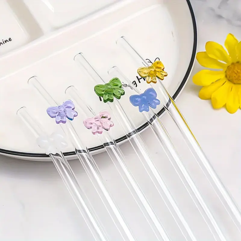 2pc 8mm Glass Straw, Reusable Drinking Straws Cute Butterfly Heat-Resistant Straw for Festival Party Wedding Cocktail Bar Beachs