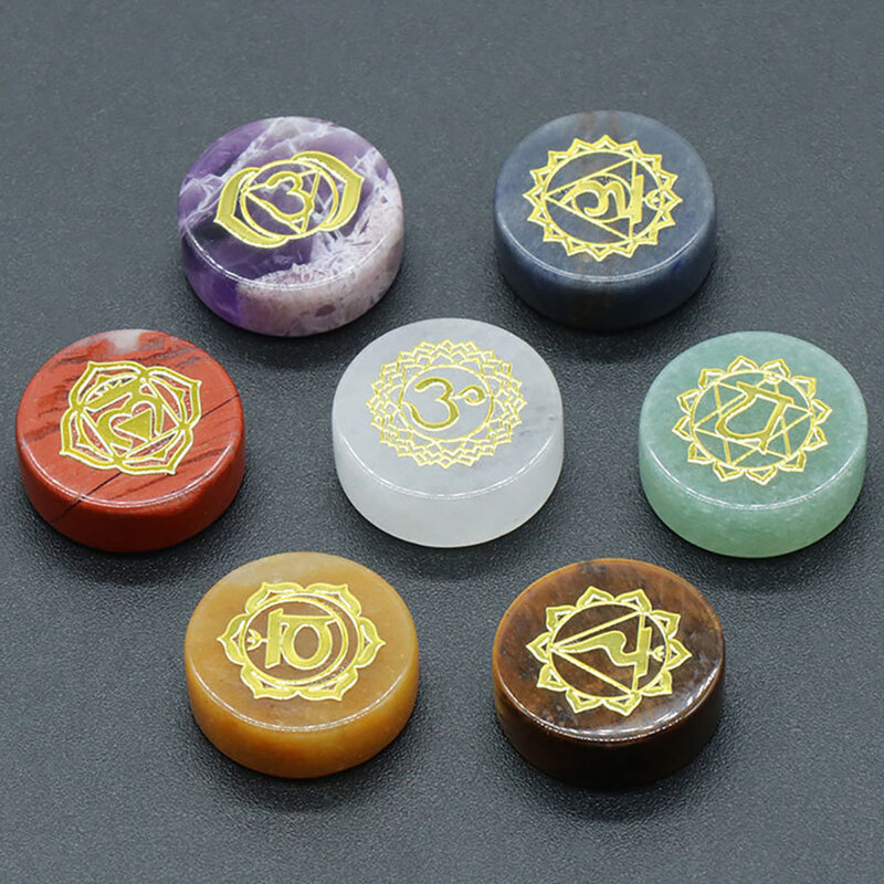 Piedra de Yoga Reiki con símbolo circular, cristal Natural de amatista, colorido, buena calidad, alrededor de 16-18mm, 7 paquetes, nueva moda