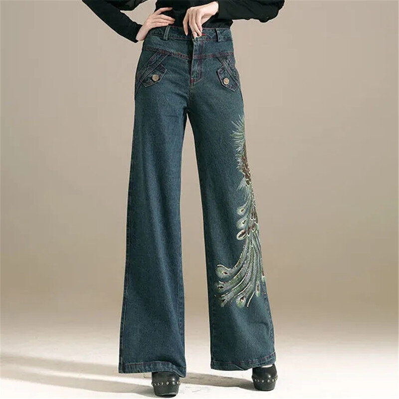 Jean taille haute brodé à jambes larges pour femme, pantalon en Denim Style années 90, Baggy, 2023