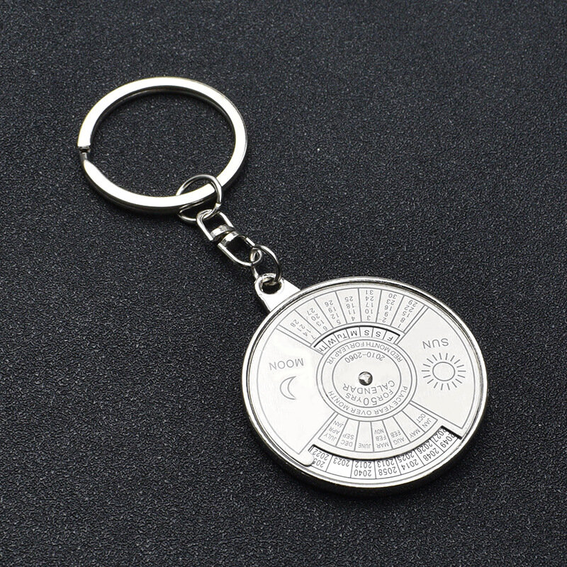 Gantungan kunci liontin logam untuk pria wanita, gantungan kunci kalender abadi 50 tahun, liontin logam paduan seng, gantungan kunci kompas Inggris, 2010 hingga 2060