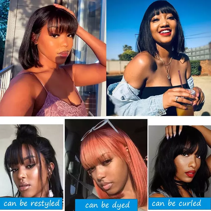Brazilian Human Hair Wig with Bangs Remy Straight Hair Bob Wigs Full Machine Made Wig for Women 8-16 Inches No Lace Bob Wigs