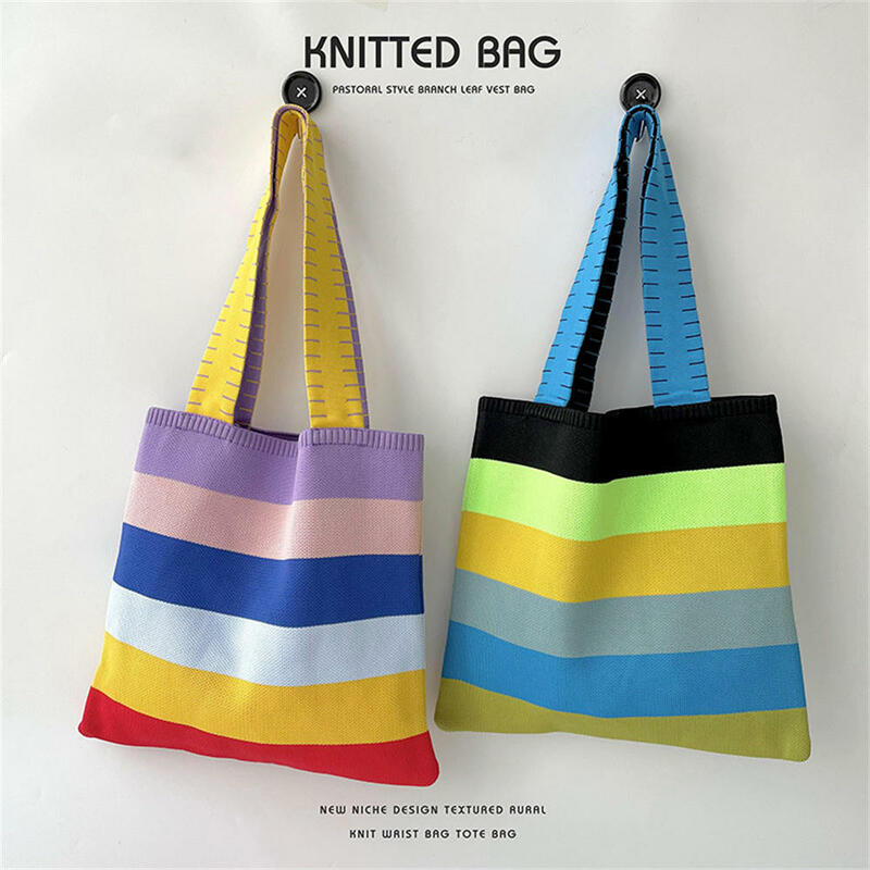 Korean Fashion Large Handwoven Shoulder Bag Rainbow Contrast Color Striped Tote Bags for Women Girls Outdoor Causal Shopping Bag