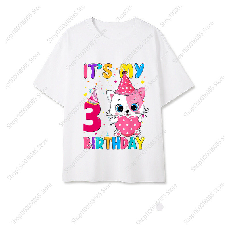 Girl Heart Cat It's My Birthday 1-9 Number T-shirt Animal T-shirt Boys and Girls Party T-shirt Clothing TopT-shirt
