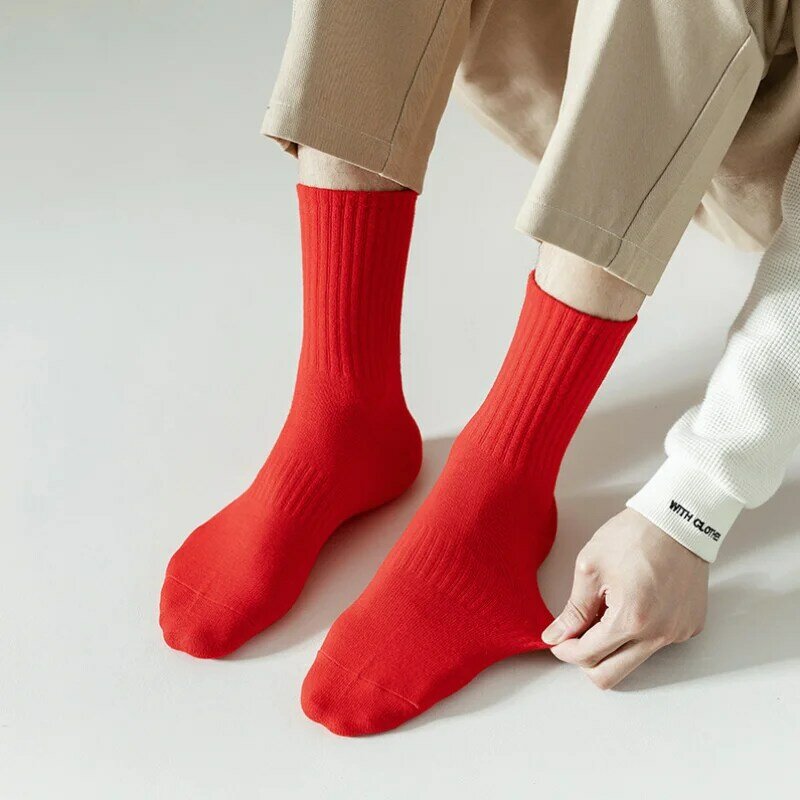 Rode Sokken Nieuwjaar Heren Sokken Feestelijke Midd-Tube Kousen Voor Mannen Kerstfeest Sok Zacht Comfortabel Ademend Zweet