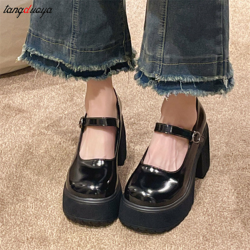 Black Punk Chunky Designer Platform Mary Janes Heels Shoes Women Patent Leather Square Toe Buckle Goth High Heels Women Pumps