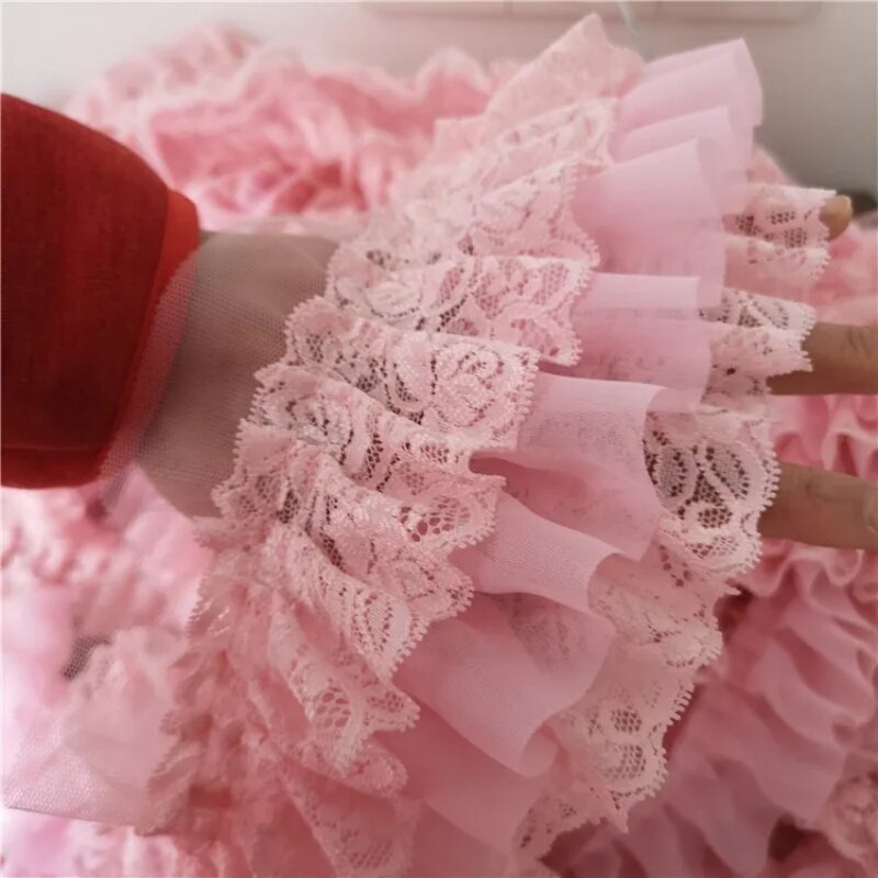 Gasa plisada de tres capas, tela de cinta de encaje hermosa, hecho a mano vestido de novia, falda, ropa, sombrero, muñeca, embellecedor, Rosa caliente