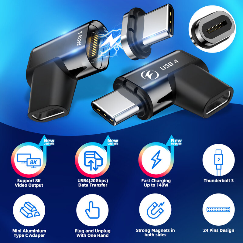 FONKEN 24Pin USB 4 Adaptor Magnetik Tipe C 140W untuk Macbook Pro Air Samsung 40G 20G 8K @ 60Hz USB C Konverter Magnet Pengisi Daya Cepat