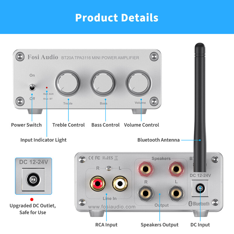 Foci Audio-Bluetooth Amplificador de Potência de Som, 100W Mini HiFi Stereo, Amplificador Classe D, Bass, Treble para Home Theater, TPA3116D2, BT20A