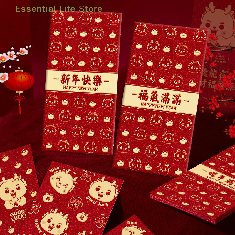Sobres Rojos creativos de dibujos animados, paquete de 6 piezas, Año Nuevo Chino HongBao, regalo de bendición de Año Nuevo, 2024