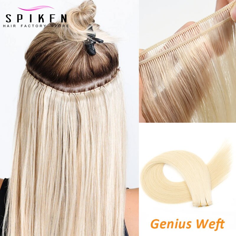 Jalinan rambut manusia pakan Genius tak terlihat ekstensi 12 "-24" bundel rambut lurus ringan jalinan rambut mulus tipis alami