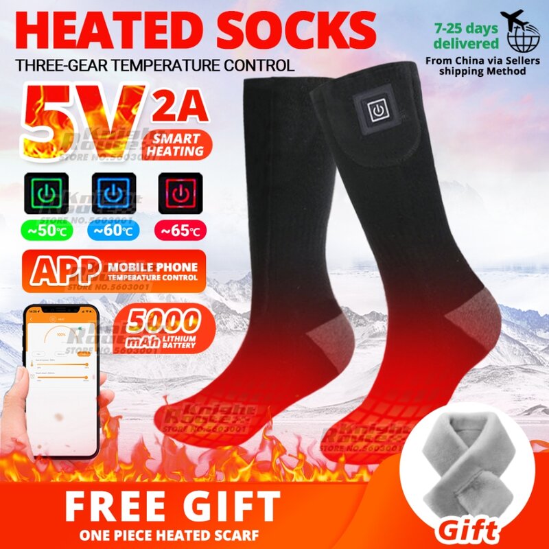 Meias aquecidas 5500mAh/APP Control (com bateria USB recarregável para febre), meias térmicas, meias aquecedoras para os pés, meias de esqui de inverno