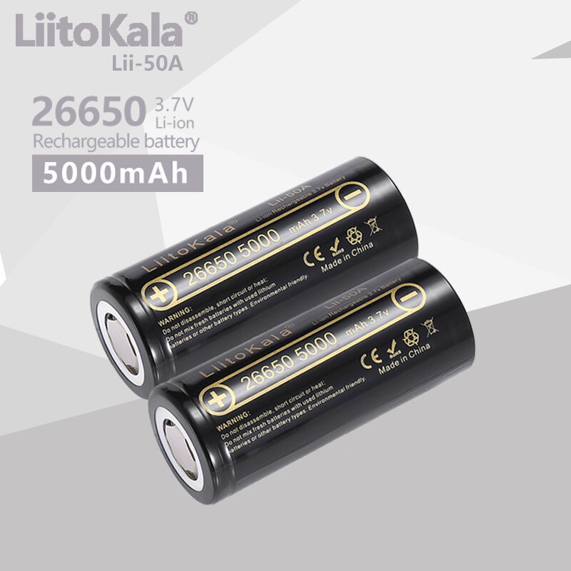 Bateria de lítio LiitoKala Adequado para Lanterna, Bateria de lítio, 3.7V, 5000mAh, 26650-50A, 26650, 26650-50A, 1-18Pcs