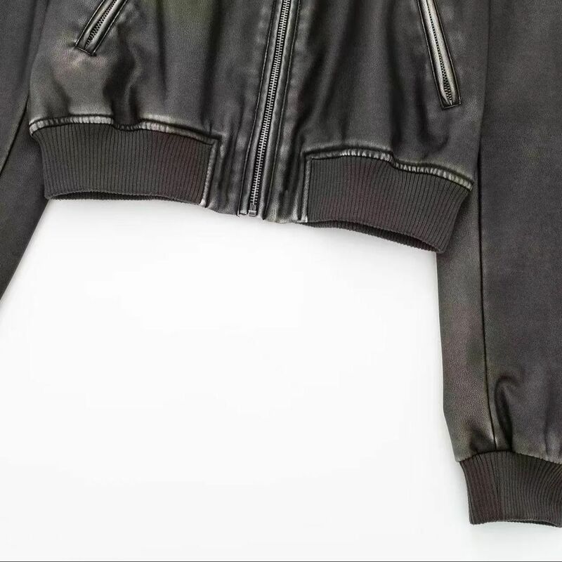 Женская куртка-бомбер из искусственной кожи с воротником-стойкой и длинным рукавом