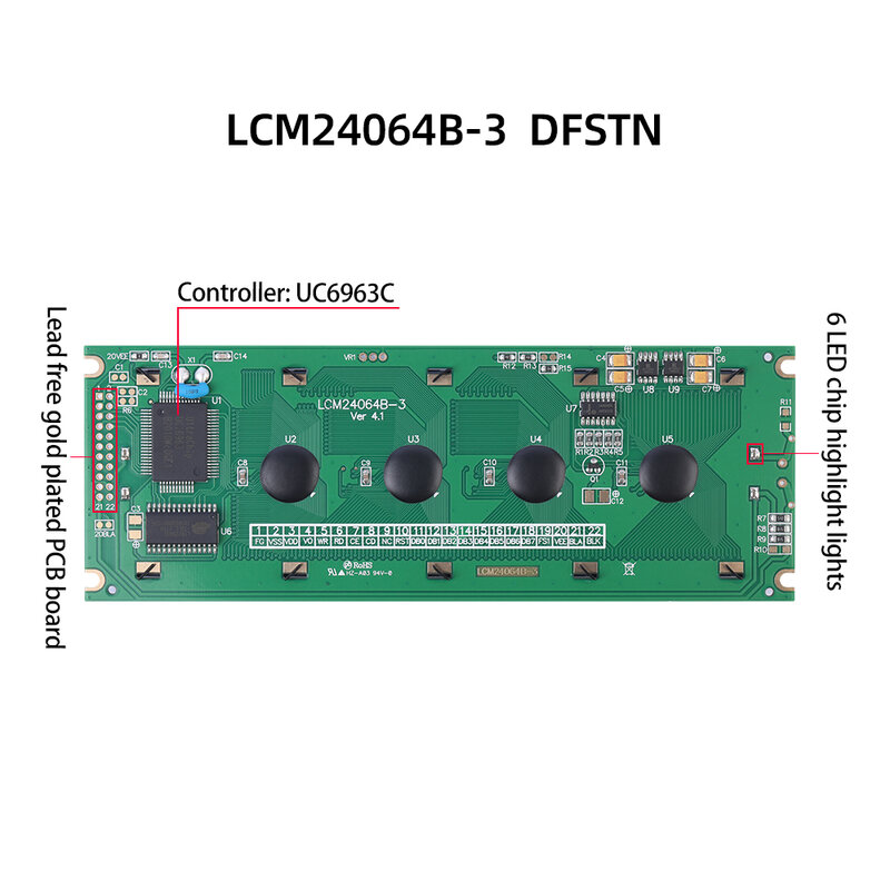 LCM24064B-3グラフの格子モジュール、3.3v 5v dfstn、黒色のフィルム、アイスブルーのフォント、t6963c、lcmのモノクロ画面、卸売りをサポート