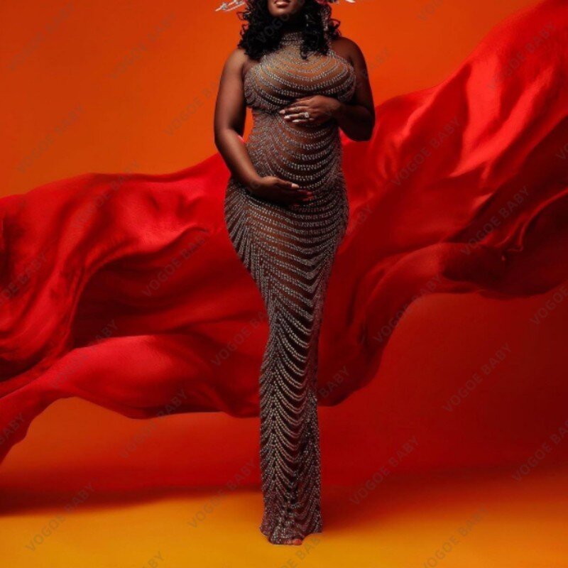 Sexy Shiny Rhinestone Godysuit para mulheres grávidas, vestido de maternidade, vestido de bebê, Photo Shoot Props