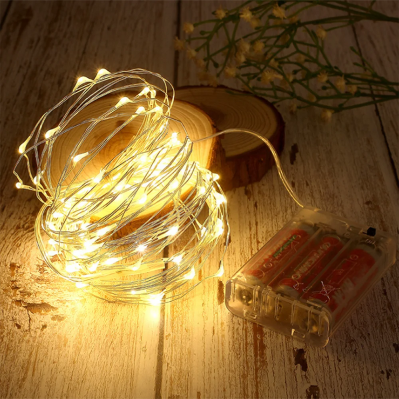 Luz LED roja con batería AA, cadena de luces decorativas para interior y exterior, alambre de cobre, 2M, 5M, 10M, celebración de árbol de Navidad, boda