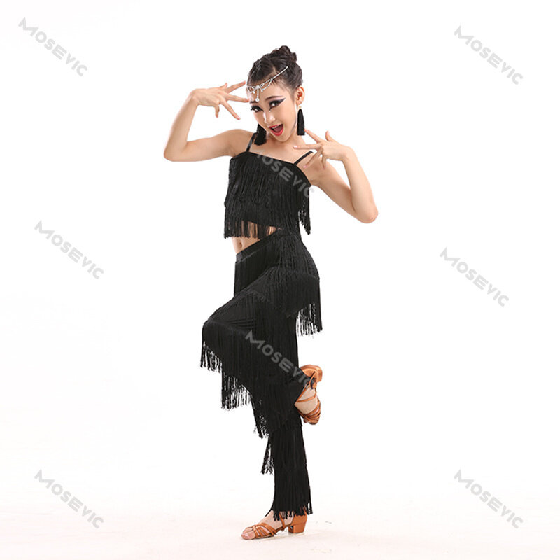 Kids Latin Dance Costumes Ballroom Plus Size Fringe Tassel Dress Pants Girls Sequin Salsa Samba Children Stage Outfits Costume
