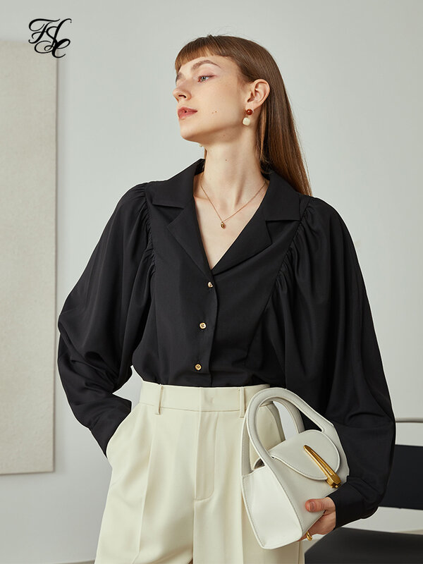 Женская сатиновая шифоновая рубашка FSLE для офиса, новинка 2021, осенняя одежда с длинными рукавами, свободная Модная рубашка с V-образным вырезом
